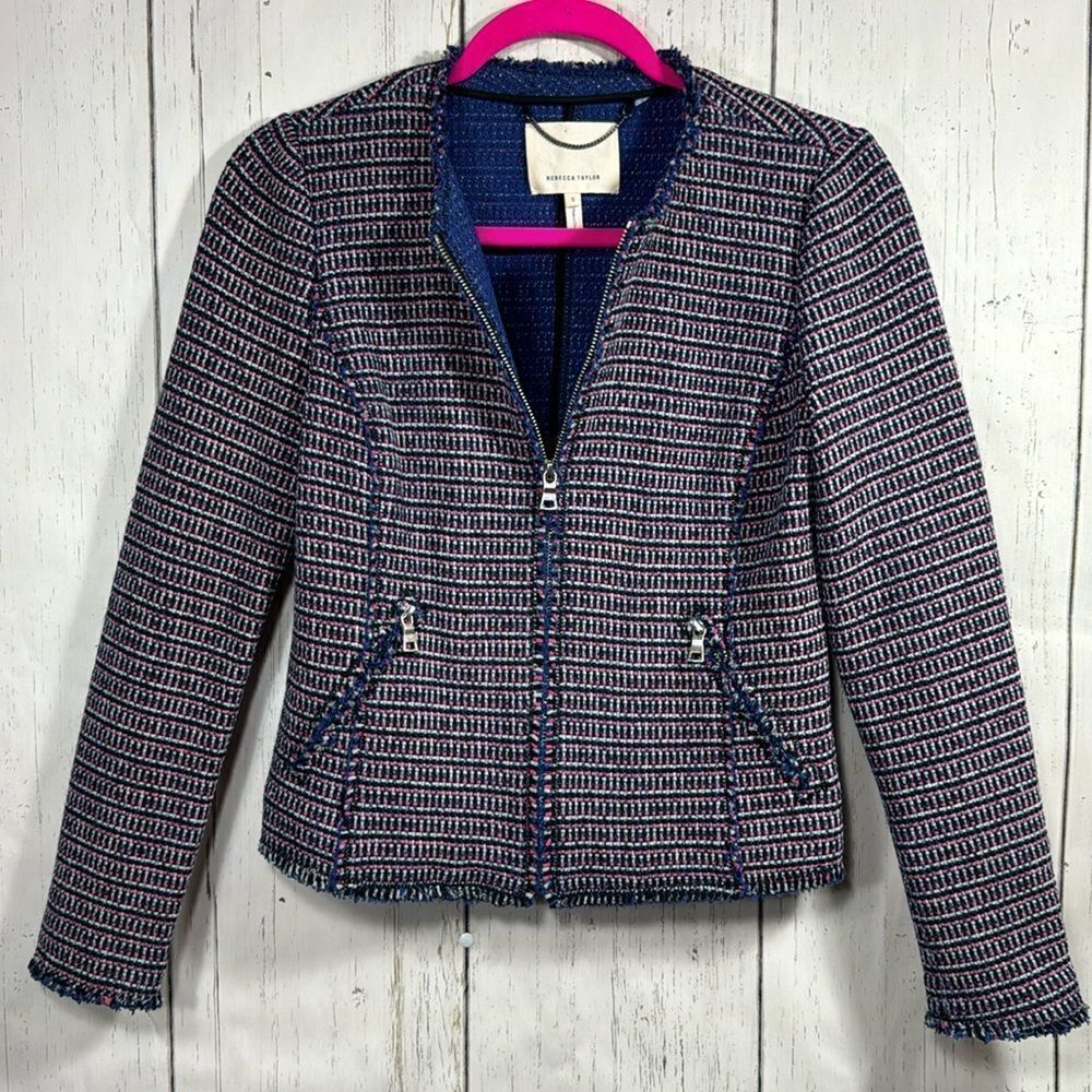 Rebecca Taylor Tweed Moto Jacket Navy Pink Zip Front Blazer Size 2 Preppy Office
